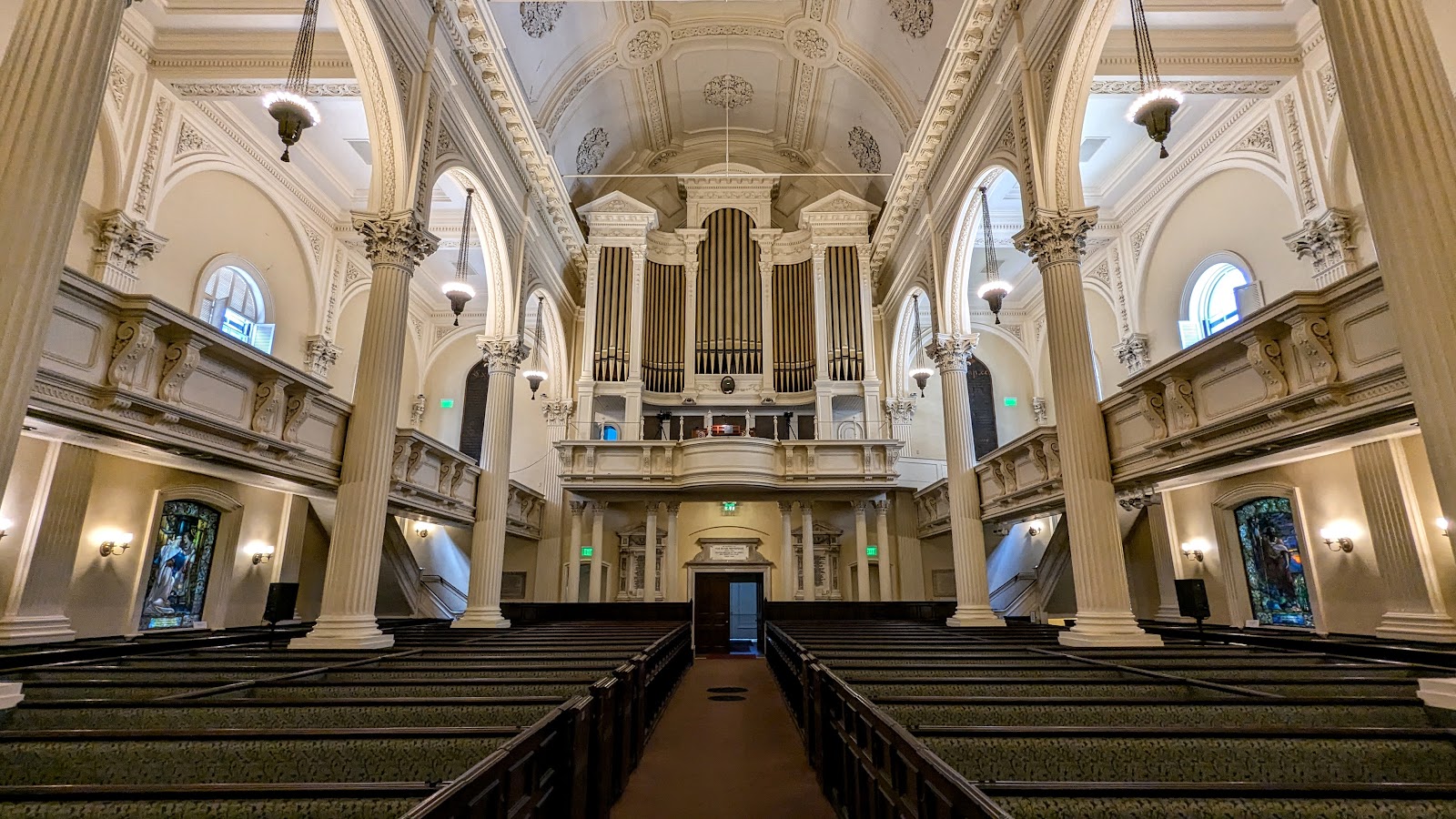 Tall narrow nave interior of Arlington Street Church, Boston Massachusetts