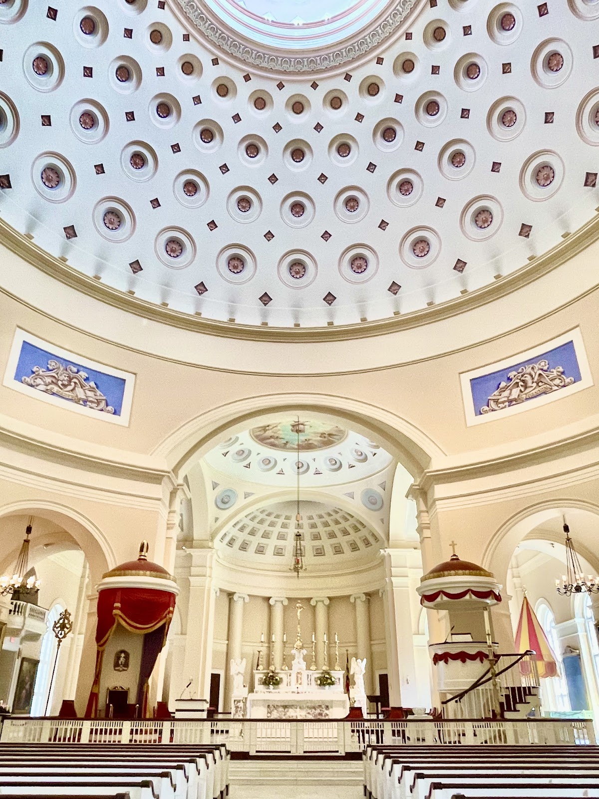 Great dome of the Baltimore Basilica lit by concealed skylights above