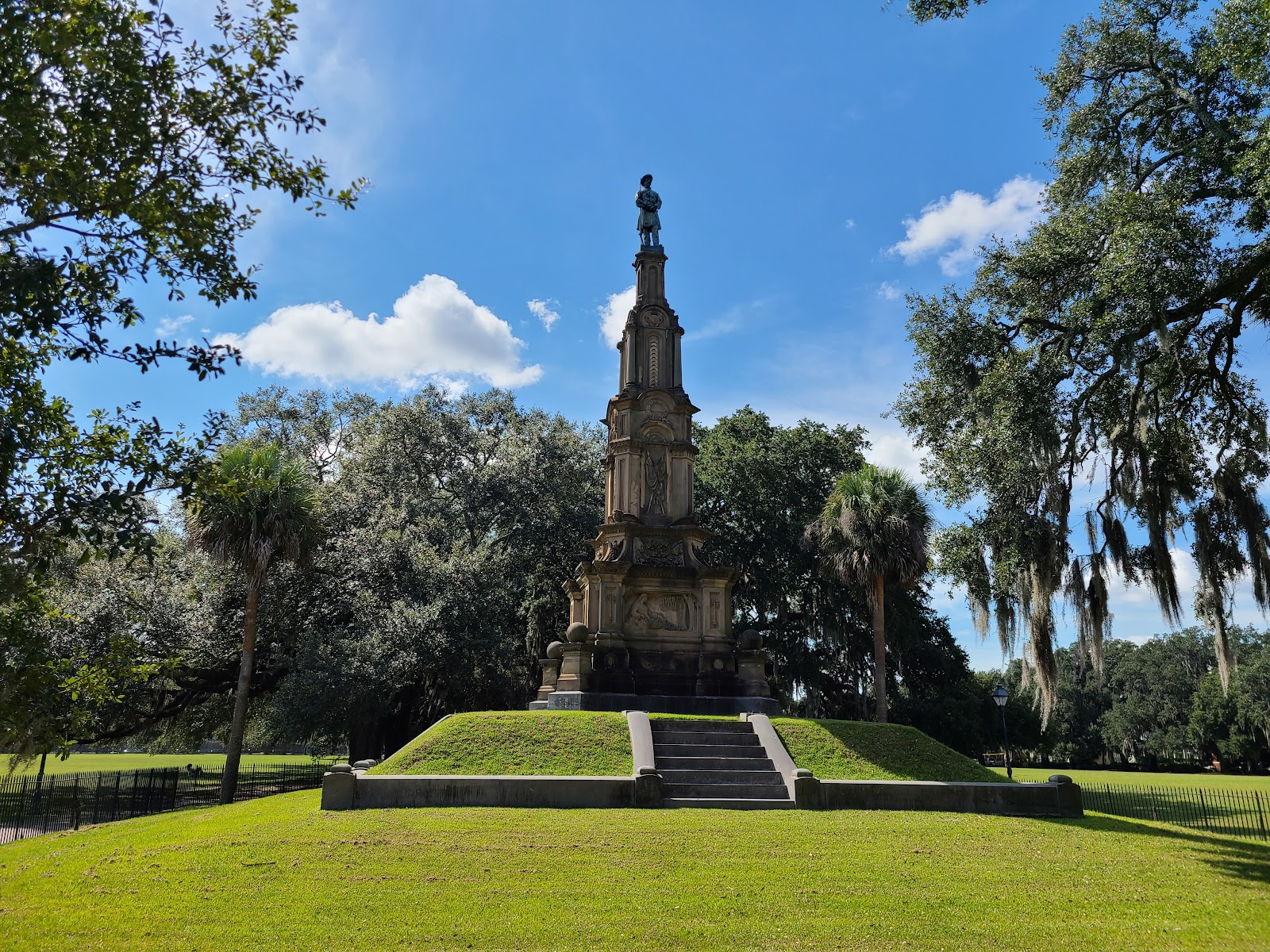 Spanish moss backlit by low sun near the Forsyth Park fountain, Savannah