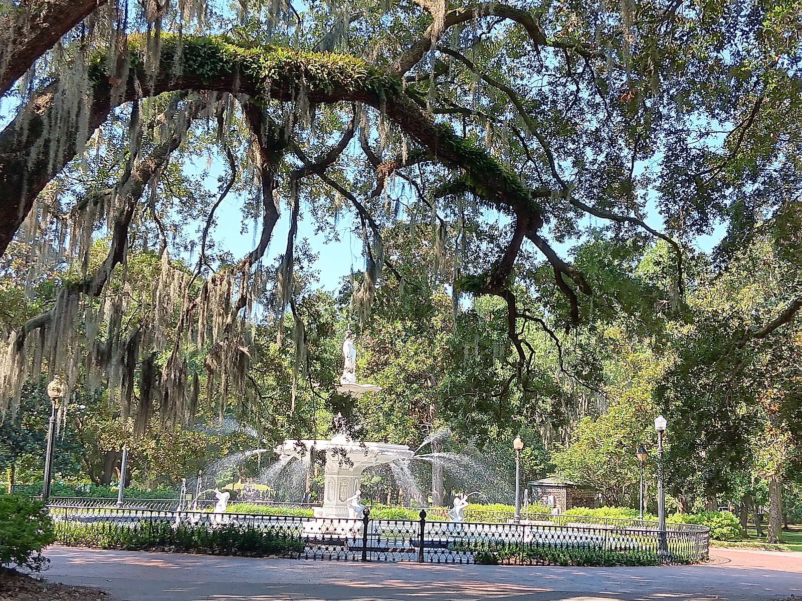 Falling water frozen into droplets at the Forsyth Park fountain, Savannah Georgia