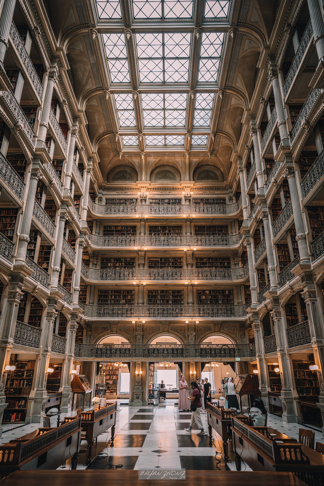 Upward view through five tiers of cast-iron balconies at the George Peabody Library, Baltimore