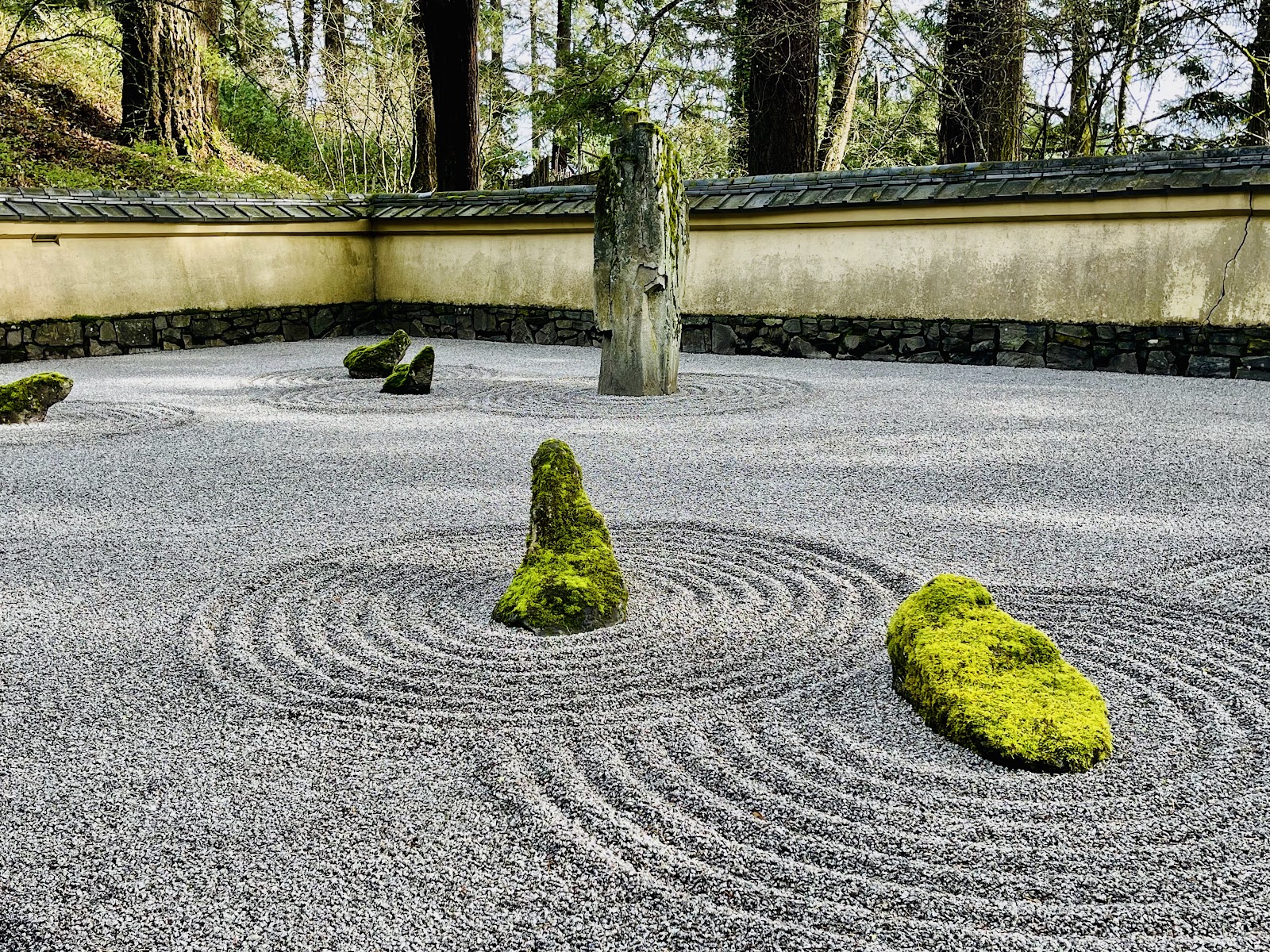 Stone lanterns and wet paving at blue hour in the Portland Japanese Garden, Portland Oregon