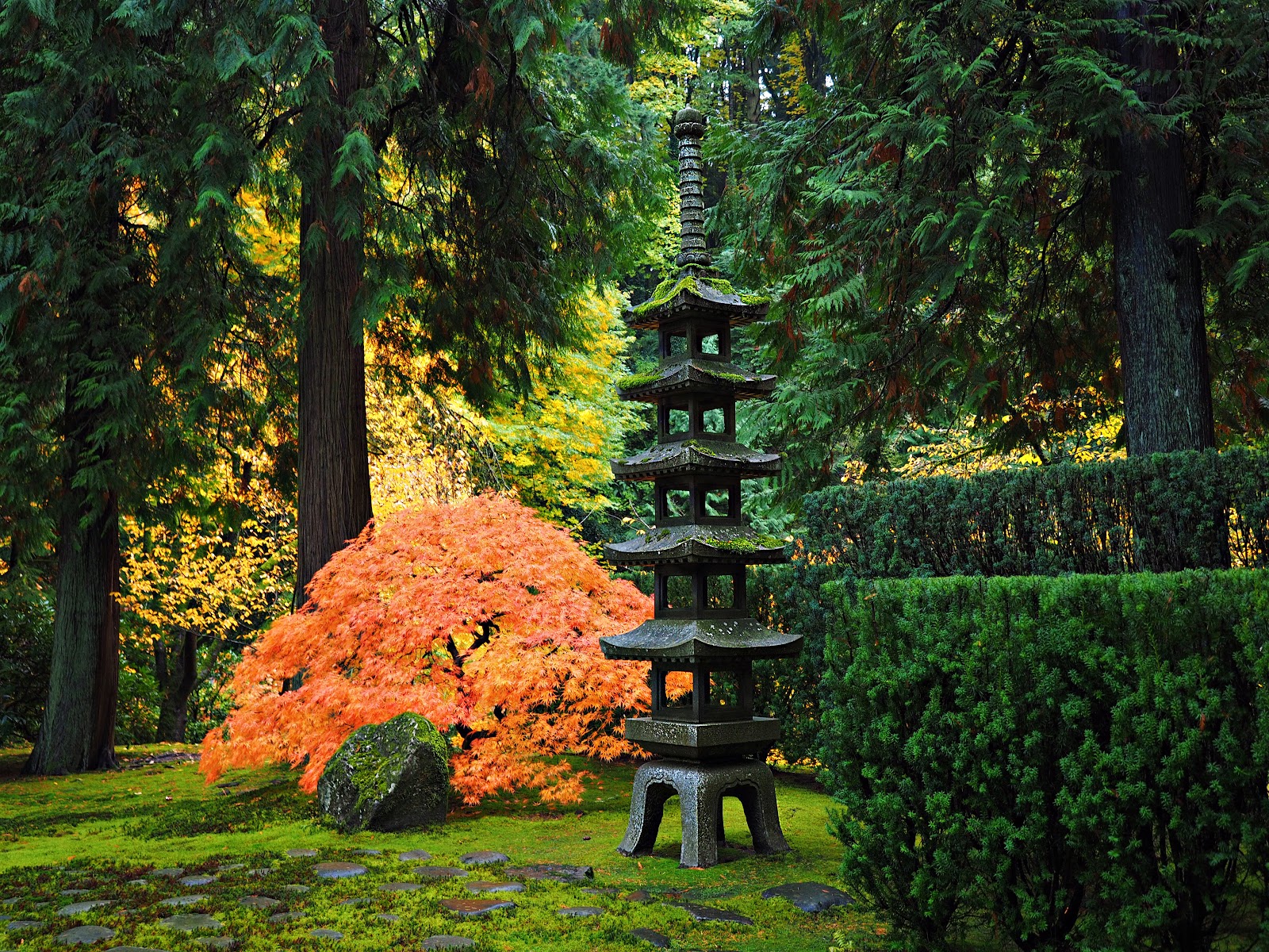 Raked gravel and placed stones in the Sand and Stone Garden at the Portland Japanese Garden