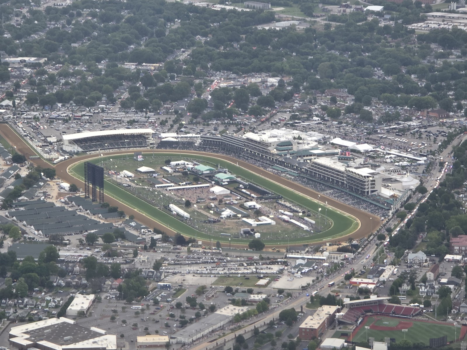The vast empty grandstand at Churchill Downs showing the scale of the facility