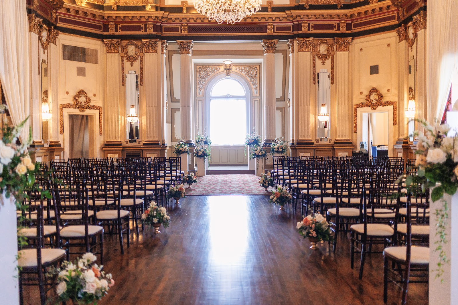 Crystal chandelier in an ornate ballroom at The Belvedere, Baltimore Maryland