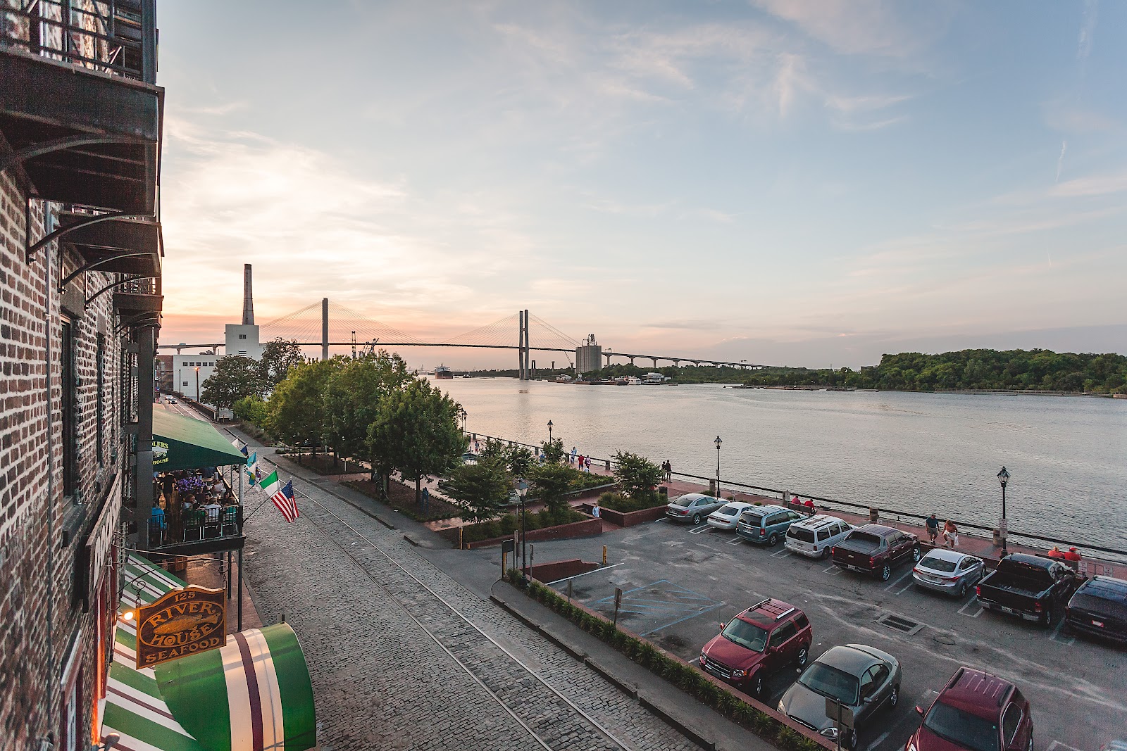 Rooftop terrace at the Cotton Sail Hotel overlooking the Savannah River