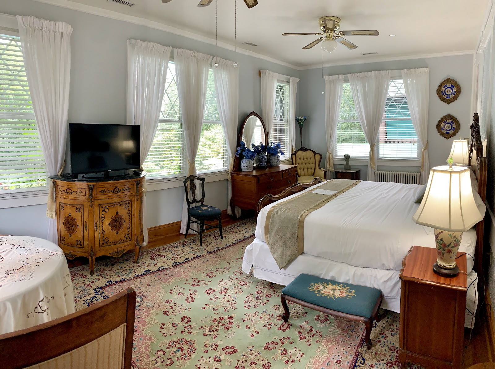 Leaded window with small panes inside the Tudor interior at Gramercy Mansion