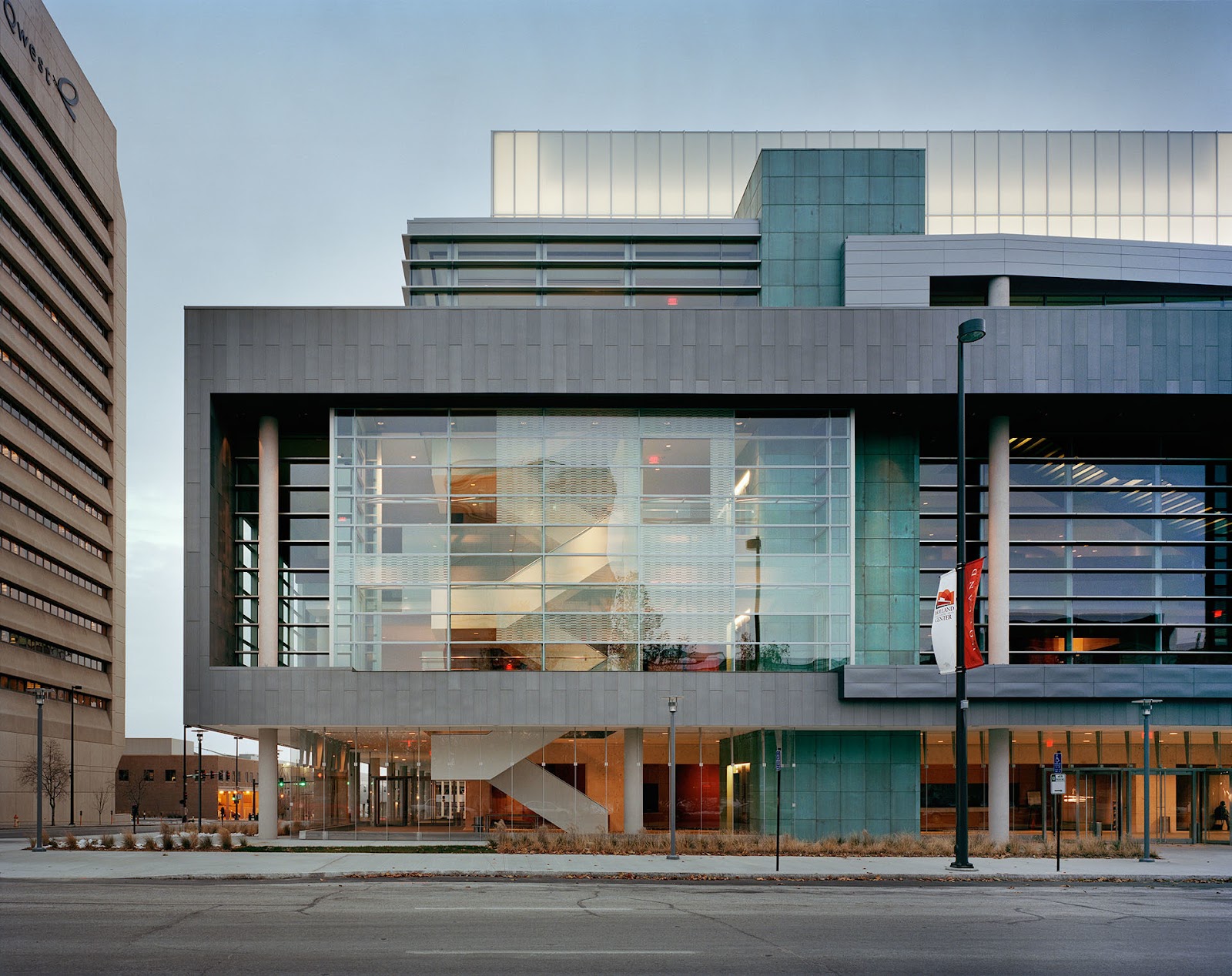 Wide view of the tall glazed lobby ceiling at the Holland Performing Arts Center, Omaha