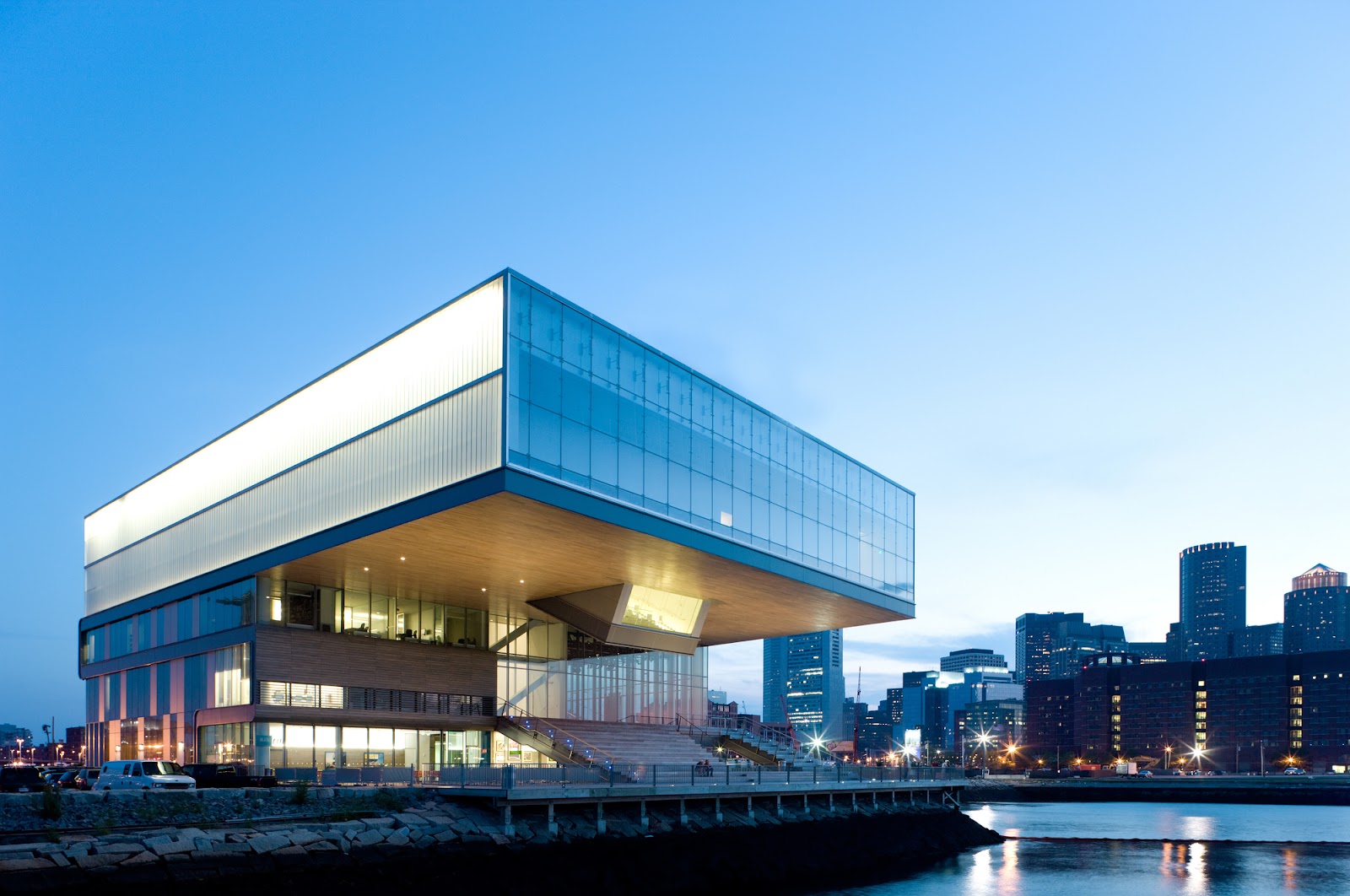 Full-height glazing at the ICA Boston filled with soft light reflected off the harbour