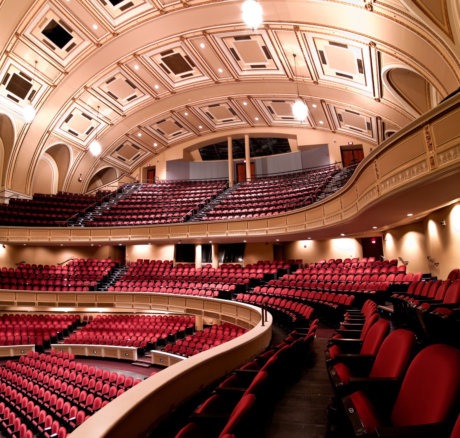 Full-height metal organ pipework forming the stage backdrop at Merrill Auditorium, Portland