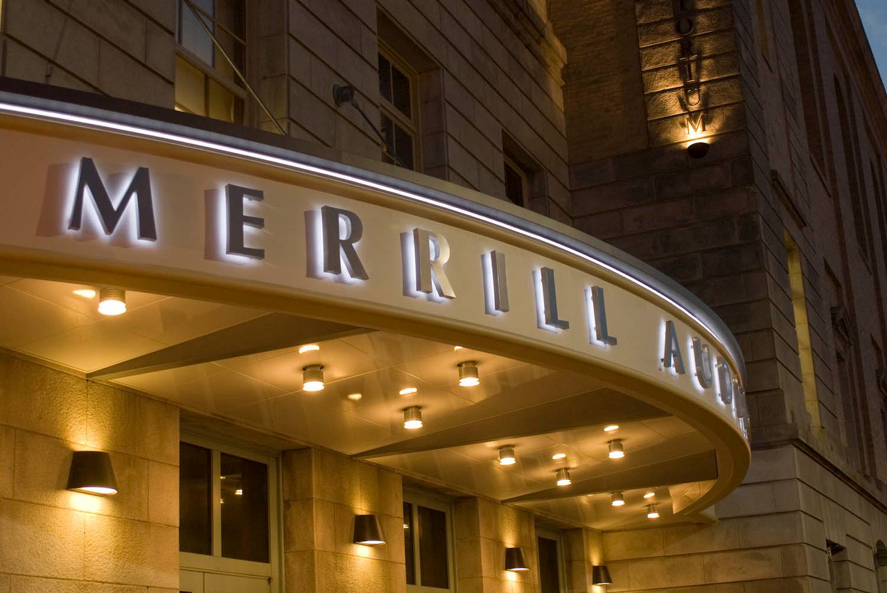 Lit stage against a dark auditorium at Merrill Auditorium, Portland Maine