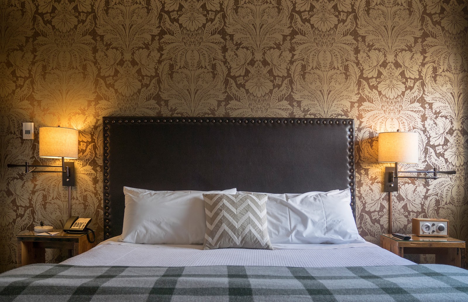 Soft window light in a street-facing guest room at the Sentinel Hotel used for getting-ready photographs