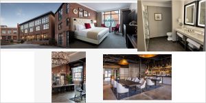 Converted steel foundry buildings with exposed brick at The Foundry Hotel, downtown Asheville