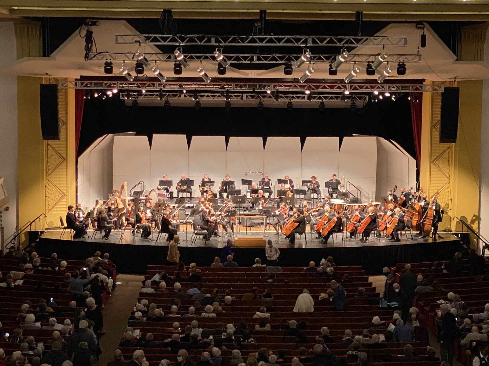 Elevated view from the balcony down onto the stage at the Thomas Wolfe Auditorium, Asheville