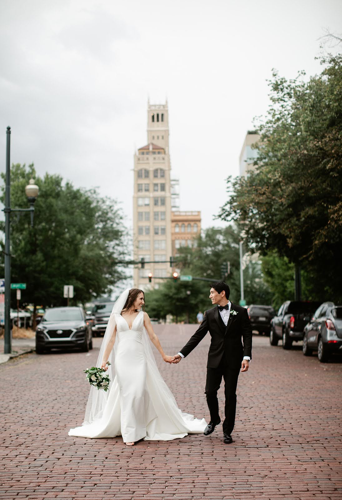 Blue Ridge mountains visible at the end of a downtown Asheville street