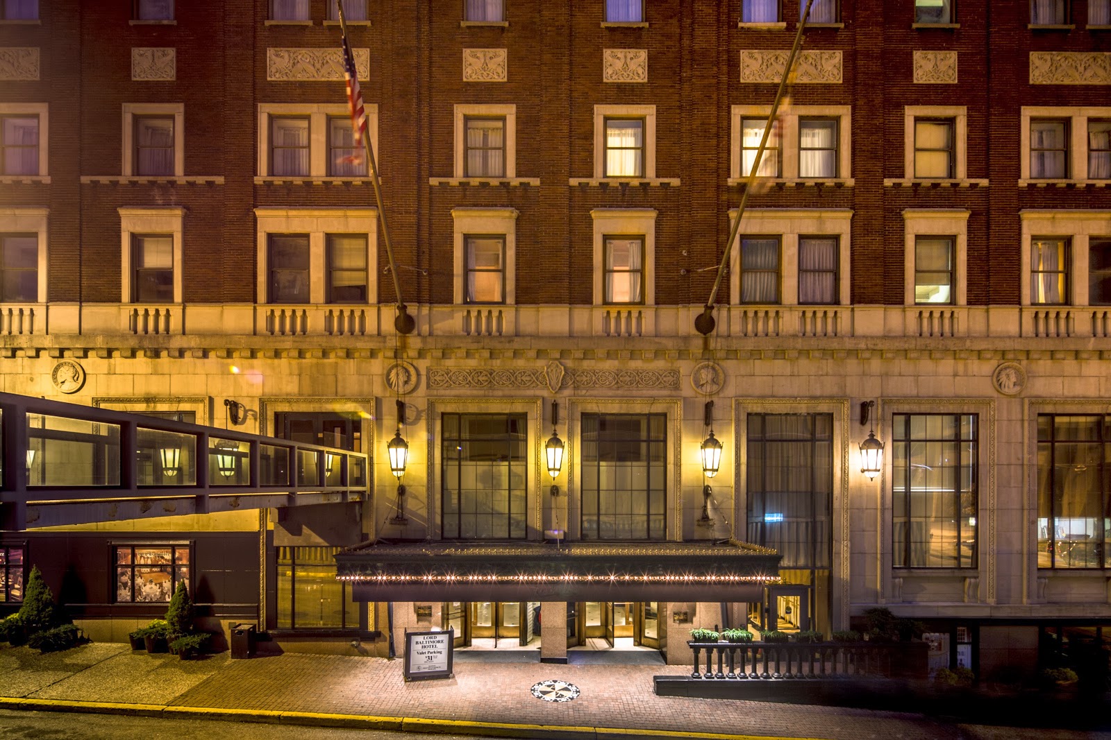 Geometric Art Deco plasterwork lit from the side at the Lord Baltimore Hotel, Baltimore