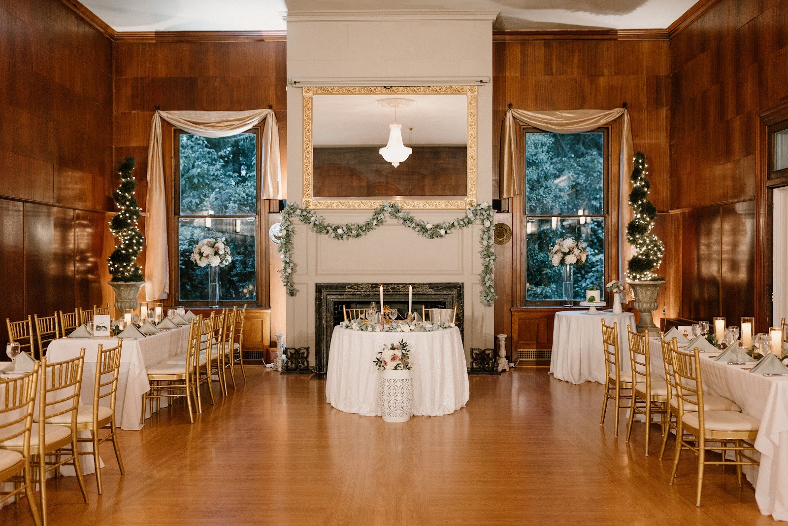 Wedding portrait in a period room at Overhills Mansion lit with a warm gelled off-camera flash